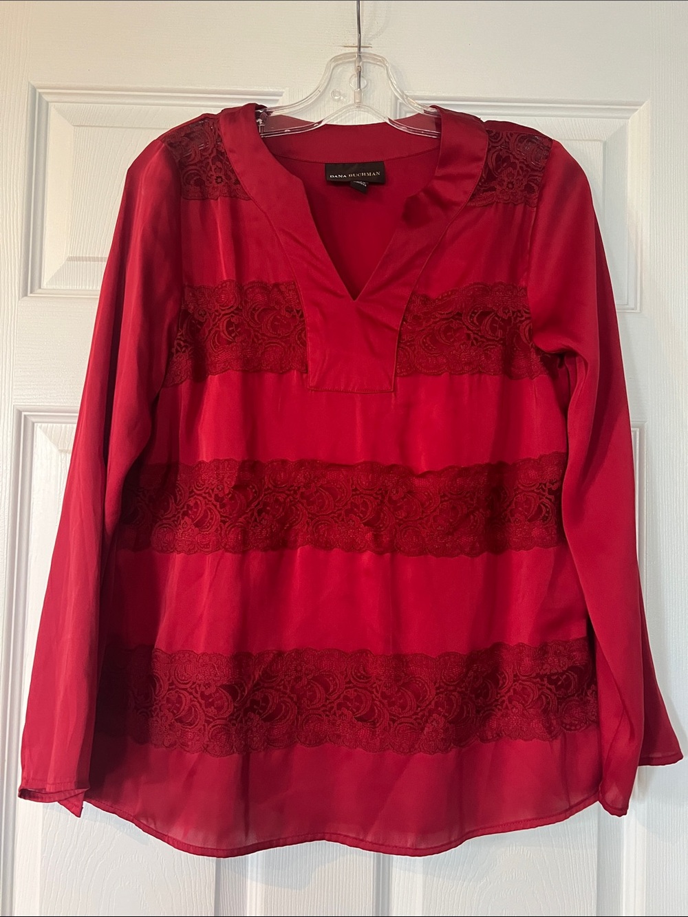 Dana Buchman Red Lace-Striped V-Neck Blouse